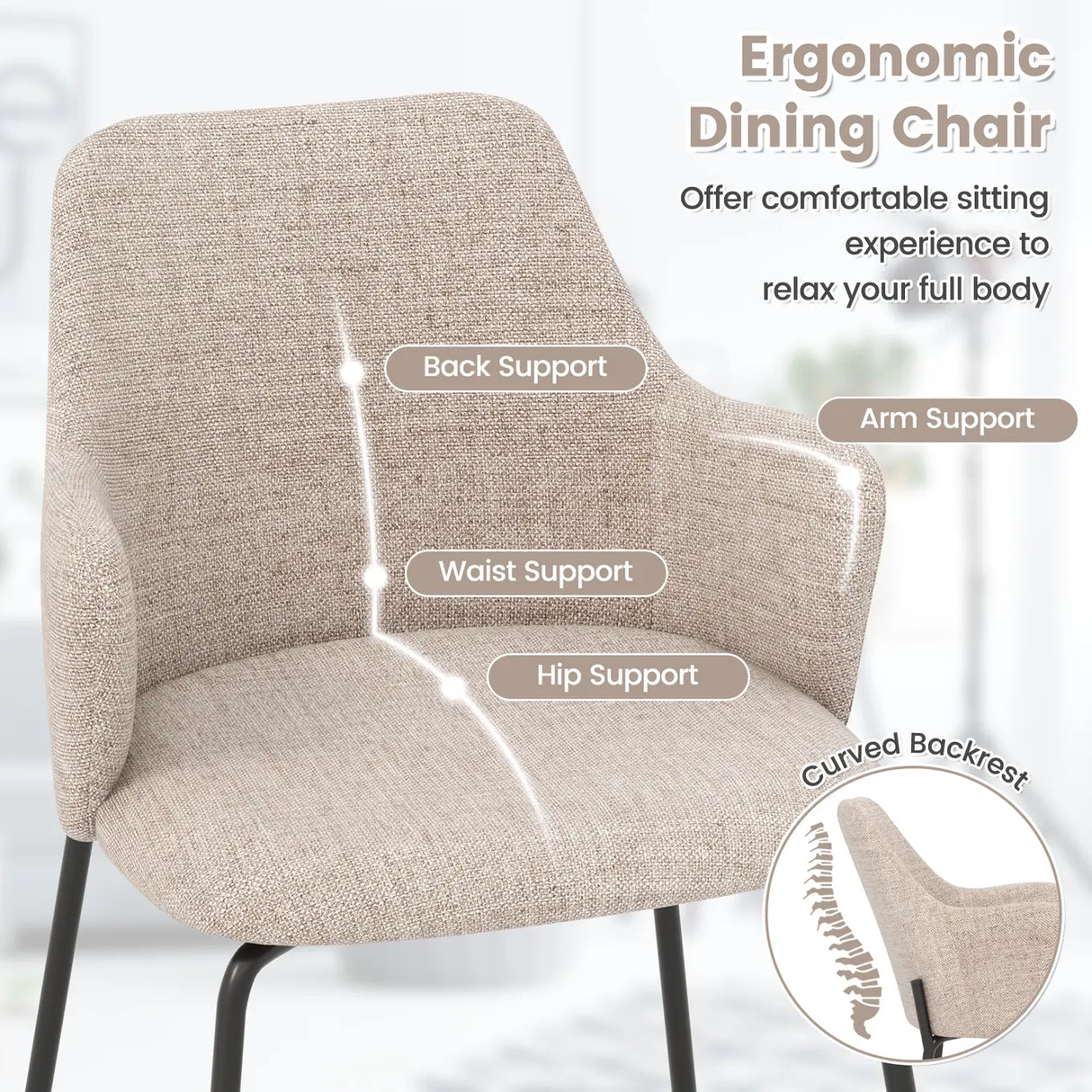 Dining Chairs Set of 2 Upholstered Accent Chairs with Curved Backrest-Beige