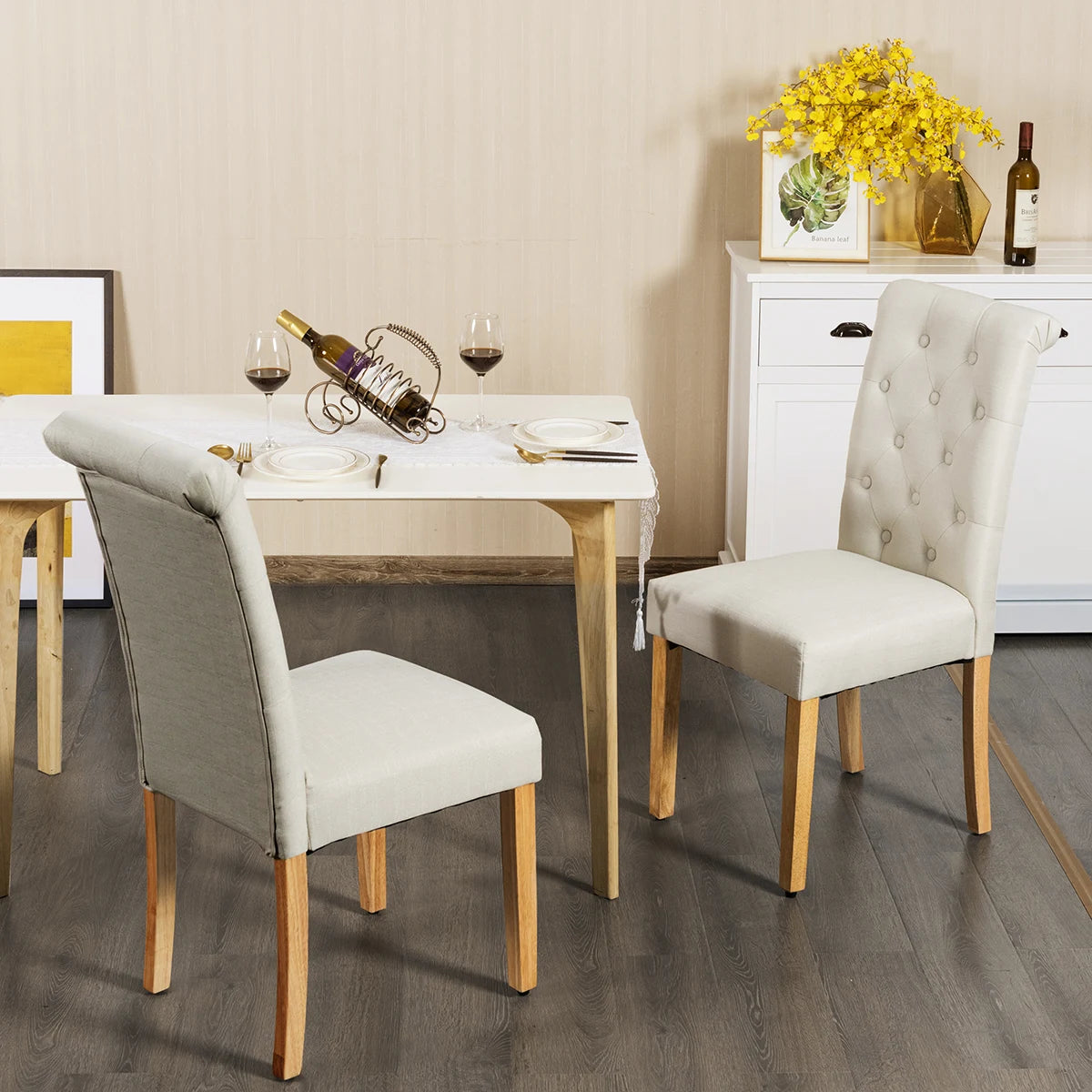 Set of 2 Tufted Dining Chair-Beige