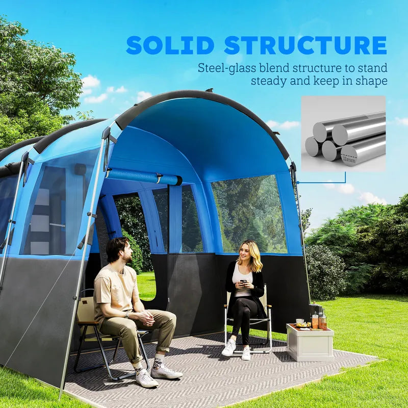 Outsunny 8-Person Camping Tent, Waterproof Family Tent, Tunnel Design, 4 Large Windows, Sleeping Cabins 3000mm Water Column Blue