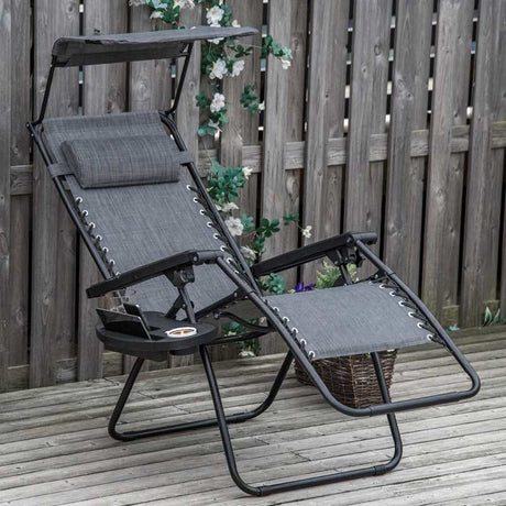 Outsunny Foldable Reclining Garden Chair with Headrest, Zero Gravity Deck Sun Lounger Seat Chair with Footrest, Armrest, Cup Holder & Canopy Shade, Light Grey