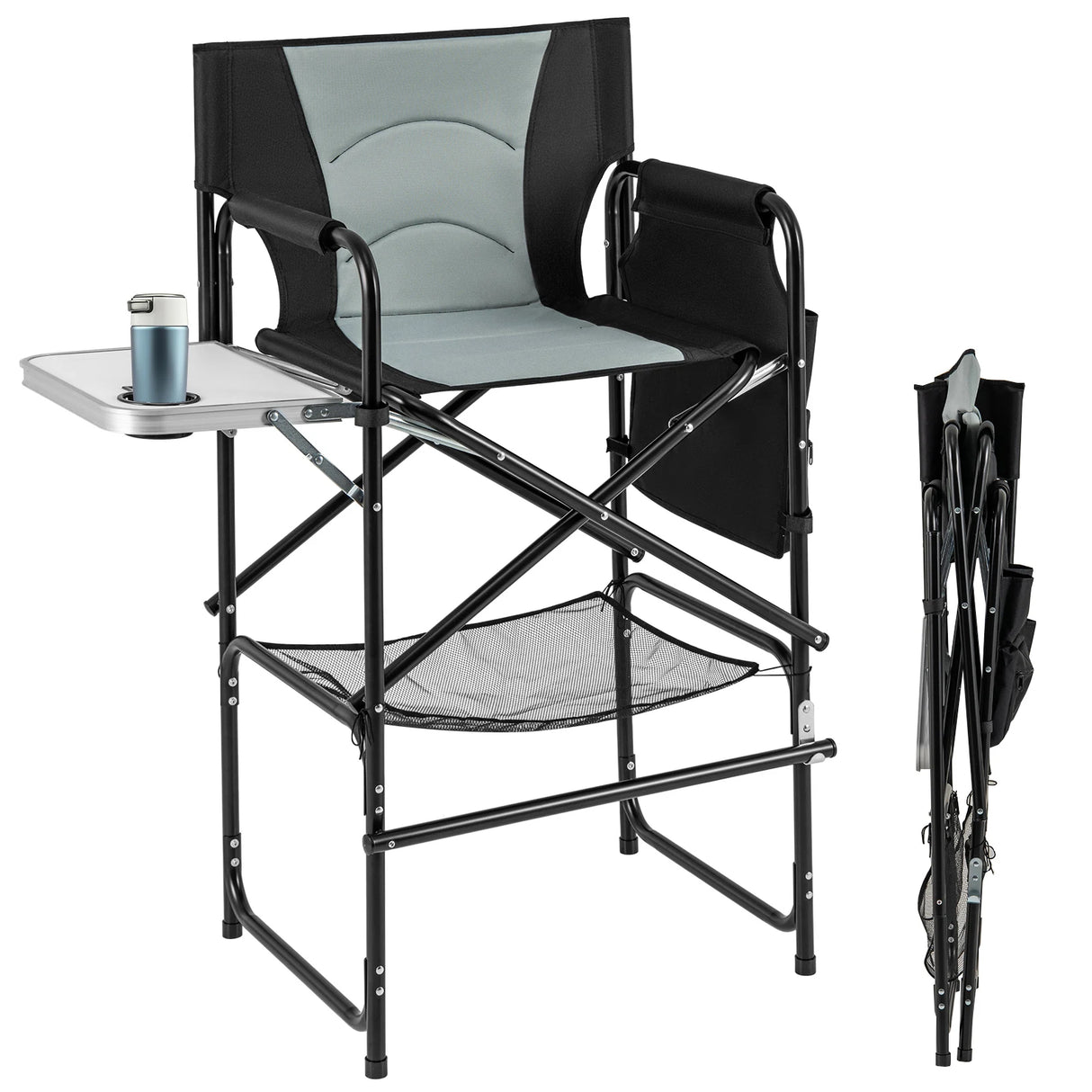 116.5 CM Tall Directors Chair with Foldable Side Table and Footrest-Grey