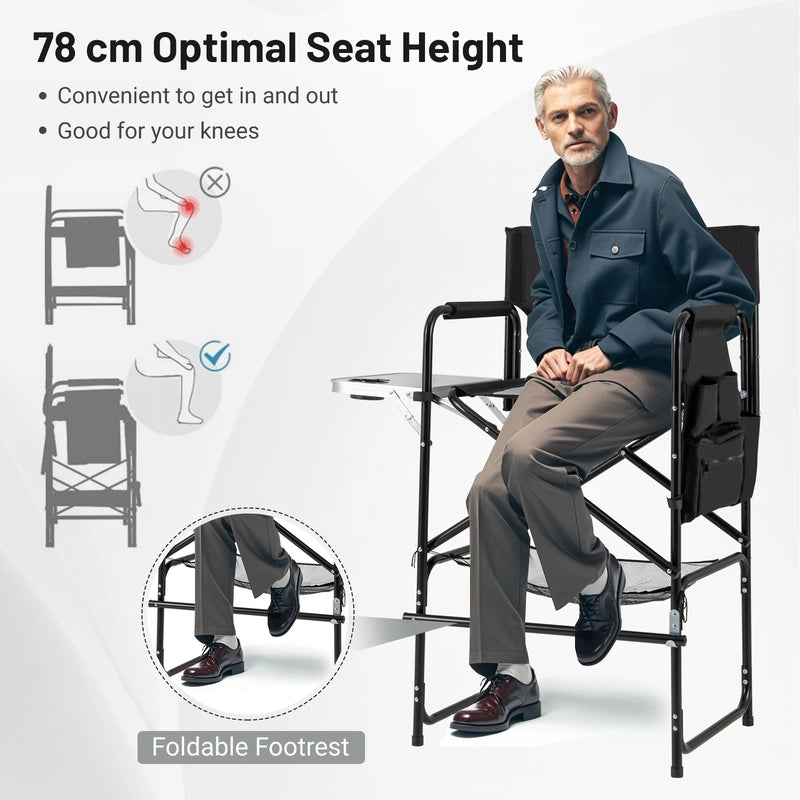 116.5 CM Tall Directors Chair with Foldable Side Table and Footrest-Grey