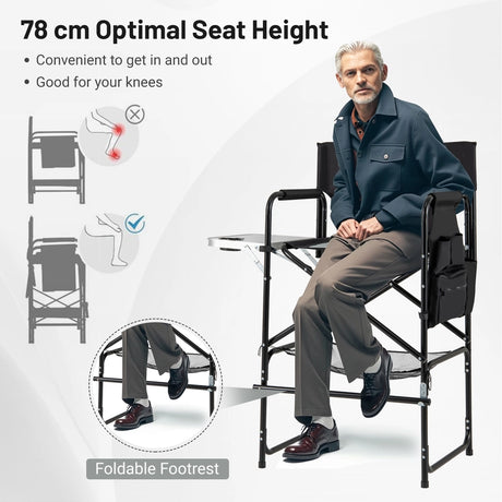 116.5 CM Tall Directors Chair with Foldable Side Table and Footrest-Grey