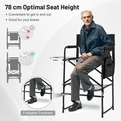 116.5 CM Tall Directors Chair with Foldable Side Table and Footrest-Grey