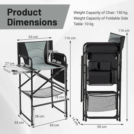 116.5 CM Tall Directors Chair with Foldable Side Table and Footrest-Grey