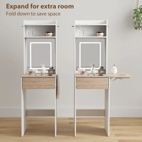 HOMCOM Small Vanity Desk with Mirror and LED Lights, Compact Dressing Table with Drop Leaf, Open Shelves and Drawer, White