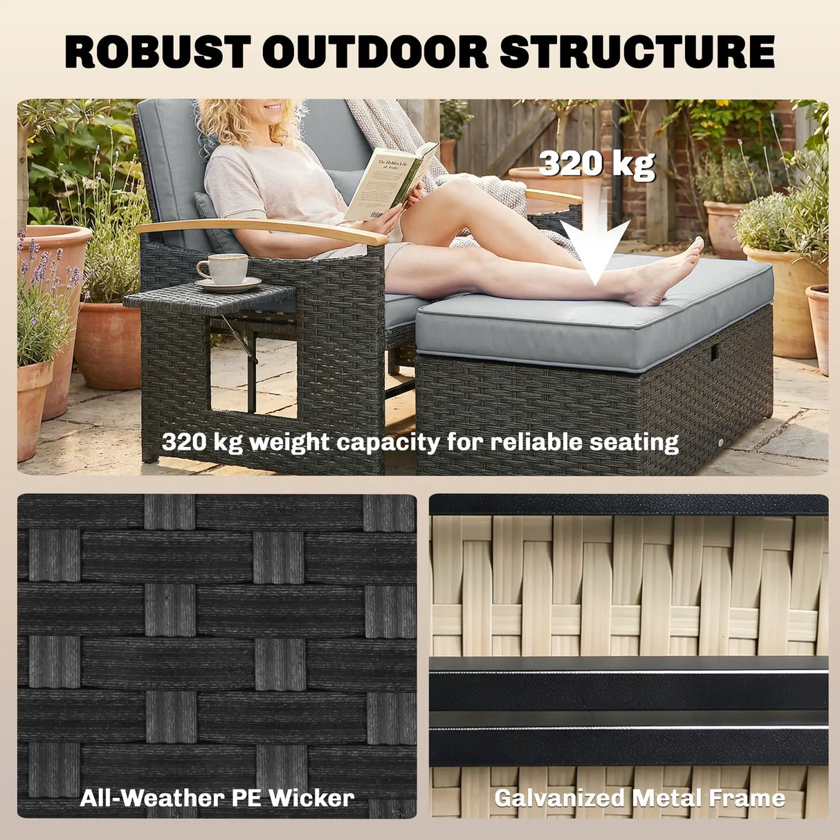 Outsunny Double Garden Rattan Daybed, Wicker Sun Bed Chaise Lounger with Storage Ottoman, 4-Level Adjustable Backrest, Dark Grey