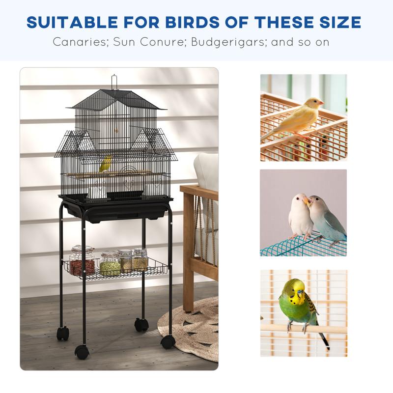 PawHut Metal Bird Cage with Plastic Swing, Perch, Food Container, Tray, Handle, for Finches, Canaries, Budgies, 50.5 x 40 x 63cm