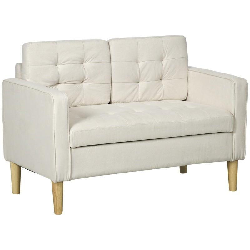 HOMCOM Modern Loveseat Sofa, Compact 2 Seater Sofa with Hidden Storage, 117cm Tufted Cotton Couch with Wood Legs, Cream White