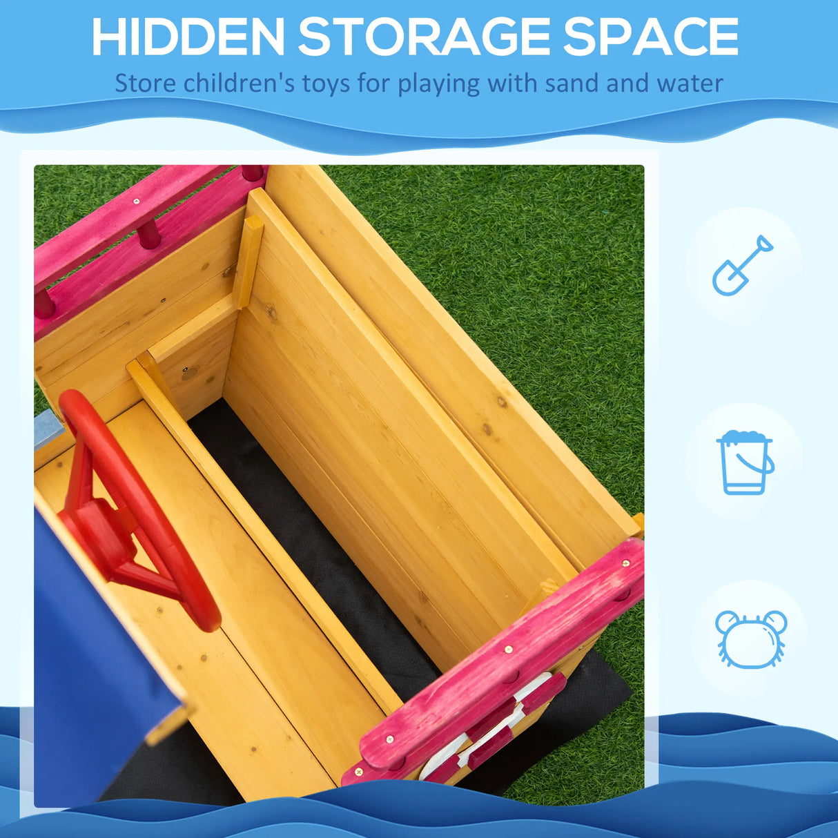 Outsunny Kids Wooden Sandpit, Children Sandbox Pirate Ship, Sandboat Play Station for Outdoor w/ Canopy Shade Storage Bench Bottom Liner