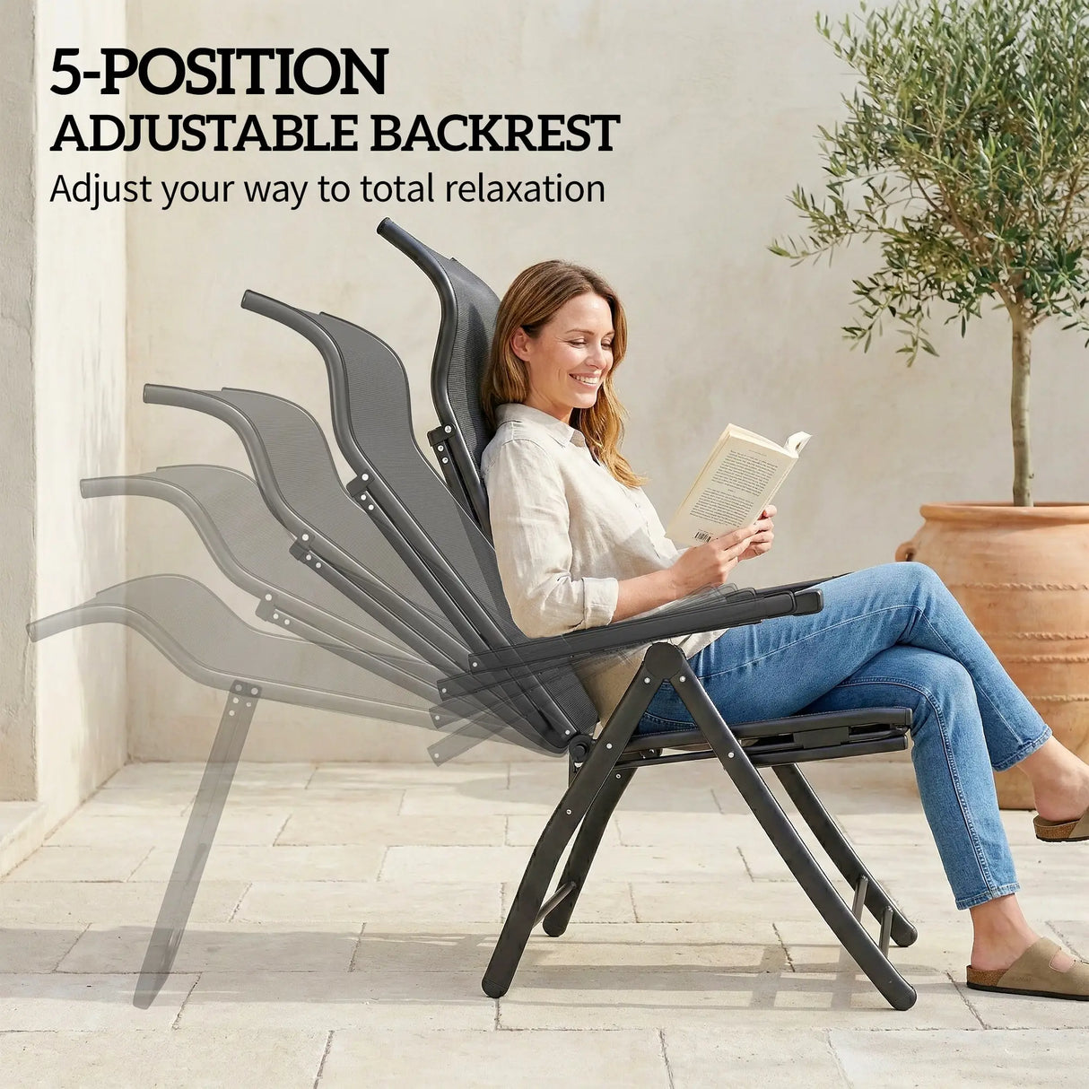 Outsunny Reclining Garden Chairs Set of 2, 5-Position Folding Sun Loungers with High Back, Retractable Footrest, Dark Grey