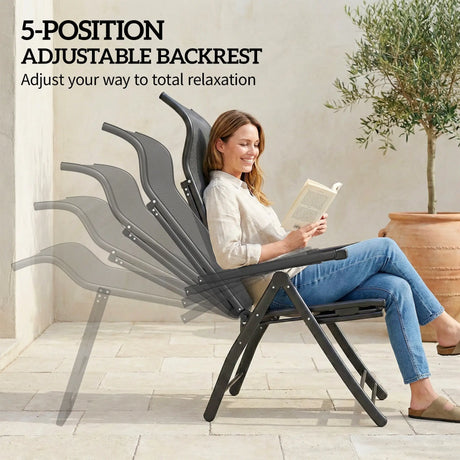 Outsunny Reclining Garden Chairs Set of 2, 5-Position Folding Sun Loungers with High Back, Retractable Footrest, Dark Grey