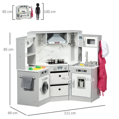 AIYAPLAY Toy Kitchen with Running Water, Lights, Sounds, Apron and Chef Hat, Water Dispenser, for Ages 3-6 Years, Grey