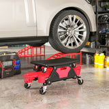 HOMCOM Rolling Mechanic Stool, 135kg Capacity Workshop Stool with 360 Swivel Wheels, Roller Creeper Seat with Slide Out Tool Trays, Drawer, Bottle Holders for Garage, Shop, Auto Repair, Red