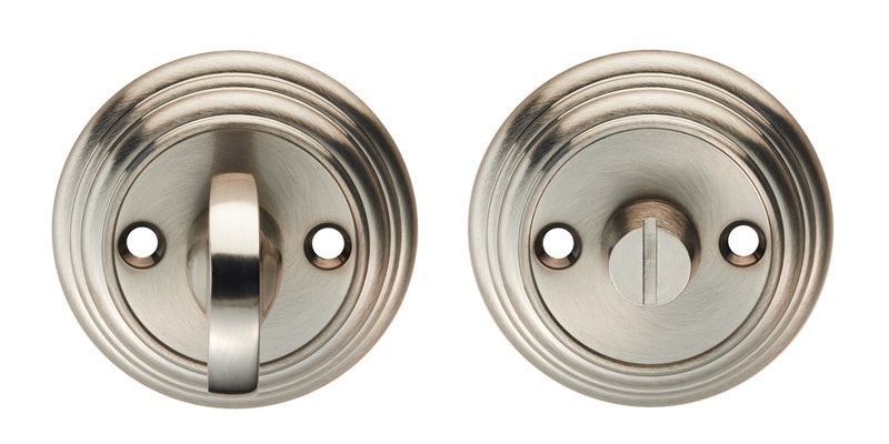 DELAMAIN TURN & RELEASE ON ROUND ROSE (4.9 X 67MM SPINDLE) - (FACE FIX) - SATIN NICKEL - 55MM - SET