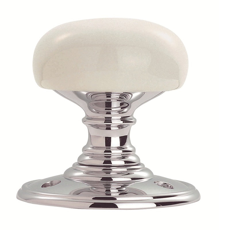 DELAMAIN PORCELAIN KNOB (PLAIN WHITE) ON POL CHROME FACE FIX ROSE - PLAIN WHITE/POLISHED CHROME - 60mm - PAIR