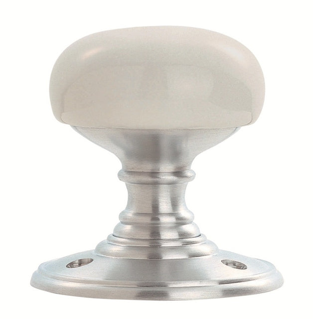 DELAMAIN PORCELAIN KNOB (PLAIN WHITE) ON SAT CHROME FACE FIX ROSE - WHITE PORCELAIN/SATIN CHROME - 60mm - PAIR