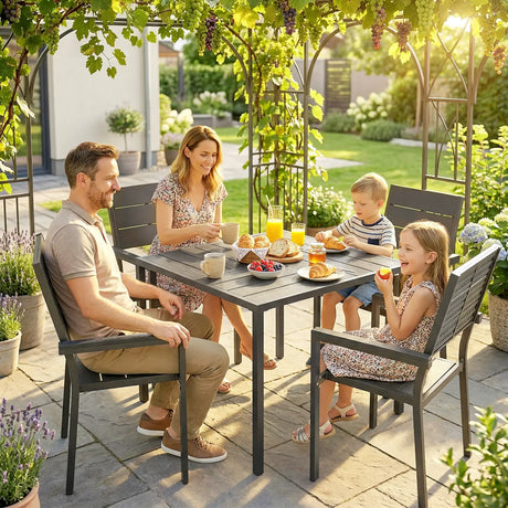 Outsunny 5 Pieces Garden Dining Set, Garden Table and Chairs Set for 4 with Square HDPE Table and Chairs with Armrests, Black
