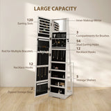 HOMCOM 360 Swivel Jewellery Cabinet, Free Standing Full Length Mirror with Storage, Lockable Jewellery Organiser with Built-in Makeup Mirror and Storage Shelves for Bedroom, White