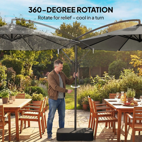 Outsunny 3 m Garden Cantilever Parasol with Cross Base, Sandbag, 360 Rotating Overhanging Banana Umbrella, Grey