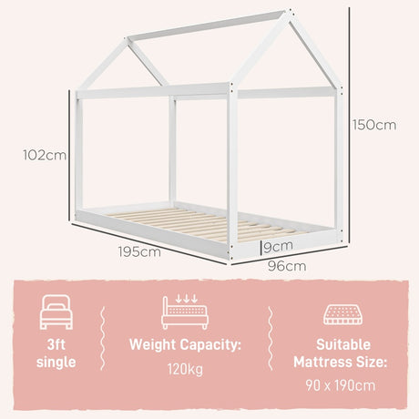 HOMCOM Single Bed Frame, House Scandinavian Style Wooden Bed Frame for 90W x 190Dcm Mattress, Pine Wood Bed Base, White