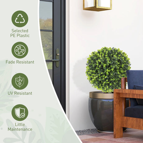 HOMCOM Set of 2 40 cm Artificial Boxwood Topiary Ball Bush with Integrated Ground Stake, Indoor Outdoor UV Resistant Faux Greenery, Faux Plants for Garden, Porch, Balcony