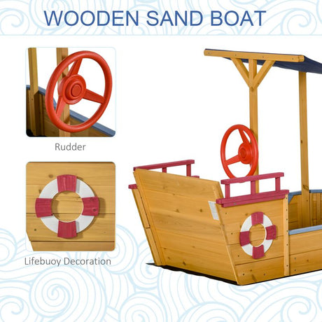 Outsunny Kids Wooden Sand Pit Children Sandbox Pirate Ship Sandboat Play Station for Outdoor w/ Canopy Shade Storage Bench Bottom Liner