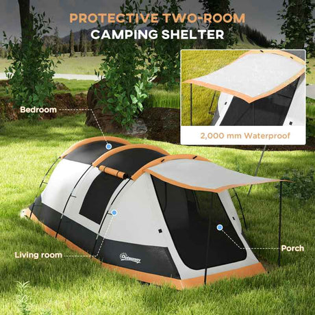 Outsunny Three-Man Camping Tent, with Two Rooms and Porch - Orange