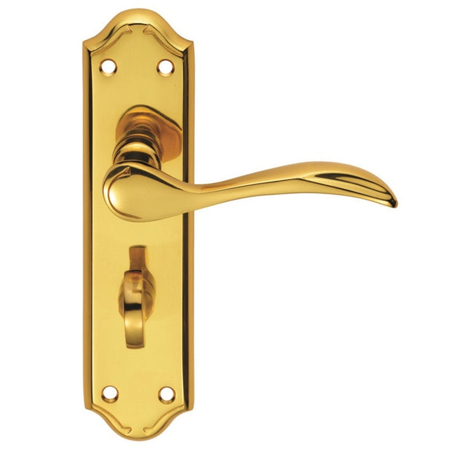 MADRID LEVER ON BACKPLATE - BATHROOM 57MM C/C - POLISHED BRASS - 180MM X 45MM - PAIR