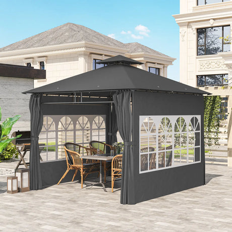 Outsunny 3 x 3 m Garden Gazebo, Double Roof Metal Gazebo with Removable Sidewalls and Church Windows, Outdoor Canopy Shelter, Dark Grey