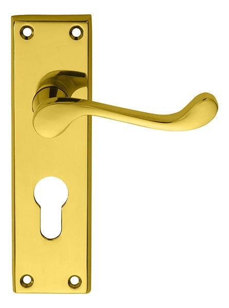 VICTORIAN SCROLL LEVER ON BACKPLATE - LOCK EURO PROFILE 47.5MM C/C - POLISHED BRASS - 150MM X 43MM - PAIR