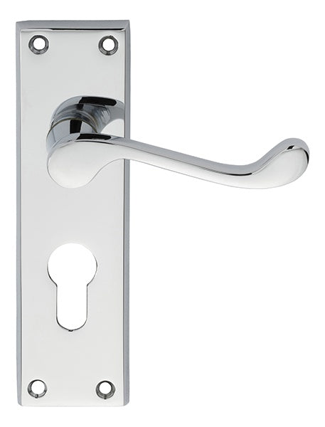 VICTORIAN SCROLL LEVER ON BACKPLATE - LOCK EURO PROFILE 47.5MM C/C - POLISHED CHROME - 152MM X 38MM - PAIR