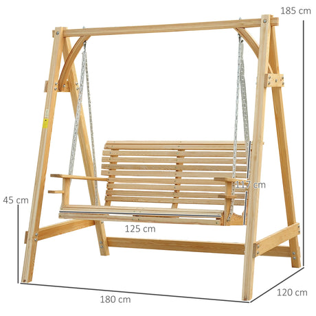 Outsunny 2 Seater Garden Swing Seat, Wooden Swing Chair Bench with Cup Holders for Outdoor Porch Patio, Natural