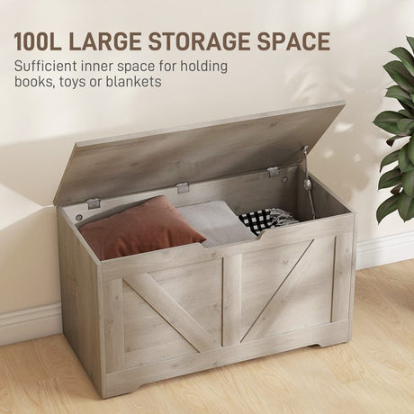 HOMCOM 100L Home Storage Box, with Safety Hinges - Grey Wood-Effect