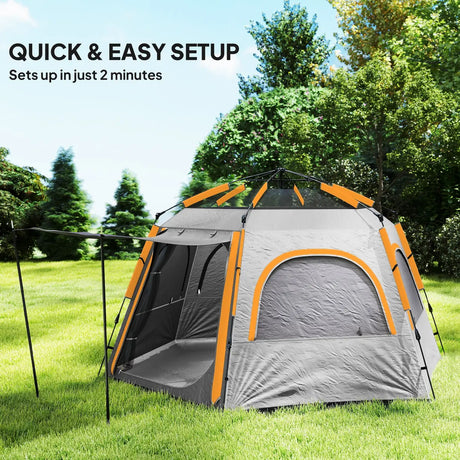 Outsunny Instant Pop Up Camping Tent, 2/3/4 Person Easy Setup Dome Family Tent with Vestibule, Rainfly, 4 Mesh Windows & 2 Doors, Hexagonal Design, Waterproof & UV Protected, Light Grey