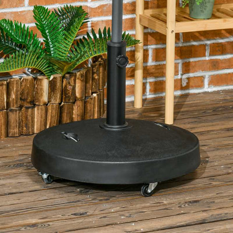 Outsunny 23.5kg Resin Garden Parasol Base with Wheels and Retractable Handles, Round Outdoor Market Umbrella Stand Weight for Poles of Φ38mm to Φ48mm, Black