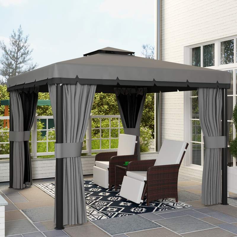 Outsunny 3 x 3(m) Patio Gazebo Canopy Garden Pavilion Tent Shelter Marquee with 2 Tier Roof, Netting and Curtains, Light Grey