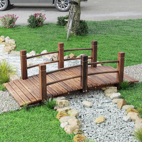 Outsunny 1.5M Wooden Garden Bridge Lawn Dcor Stained Finish Arc Outdoor Pond Walkway w/ Railings Water Yard Decoration