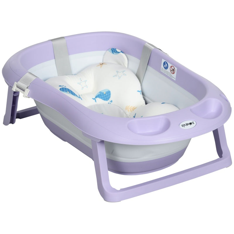 ZONEKIZ Foldable Baby Bathtub, with Non-Slip Support Legs, Cushion Pad, Shower Holder - Purple