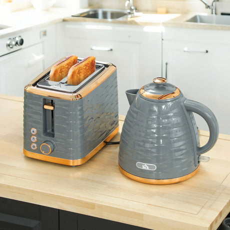 HOMCOM 3000W 1.7L Rapid Boil Kettle & 2 Slice Toaster, Kettle and Toaster Set with 7 Browning Controls and Crumb Tray, Grey