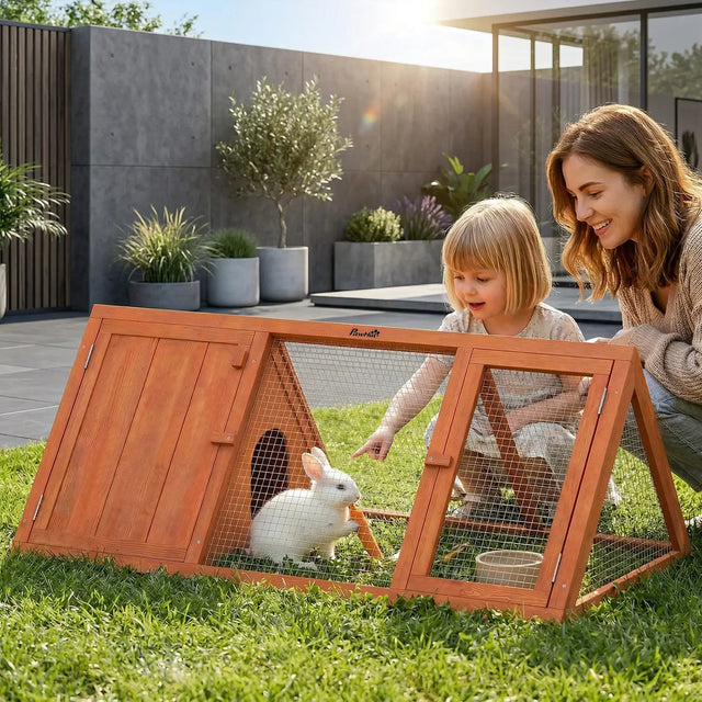PawHut Rabbit Hutch, Wooden Guinea Pig Hutch with Run and Doors, Outdoor Triangle Bunny House for Rabbits,Duck and Chicken
