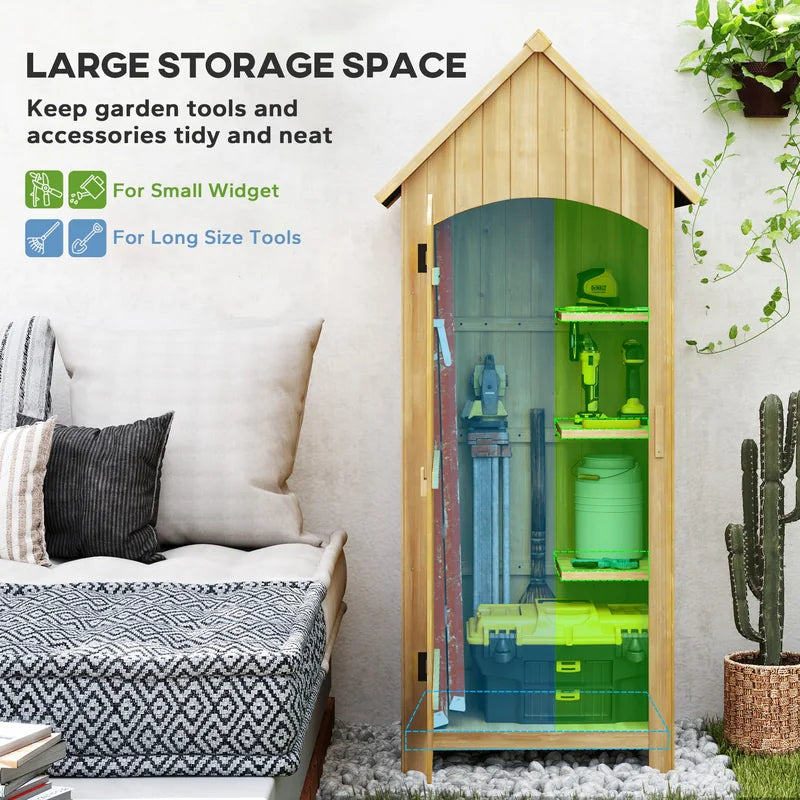 Outsunny Small Shed, Wooden Garden Storage Shed with 3 Shelves, Outdoor Tool Storage Cabinet with Tilt Roof and Lockable Door, 77.5 x 54.2 x 179.5 cm, Natural