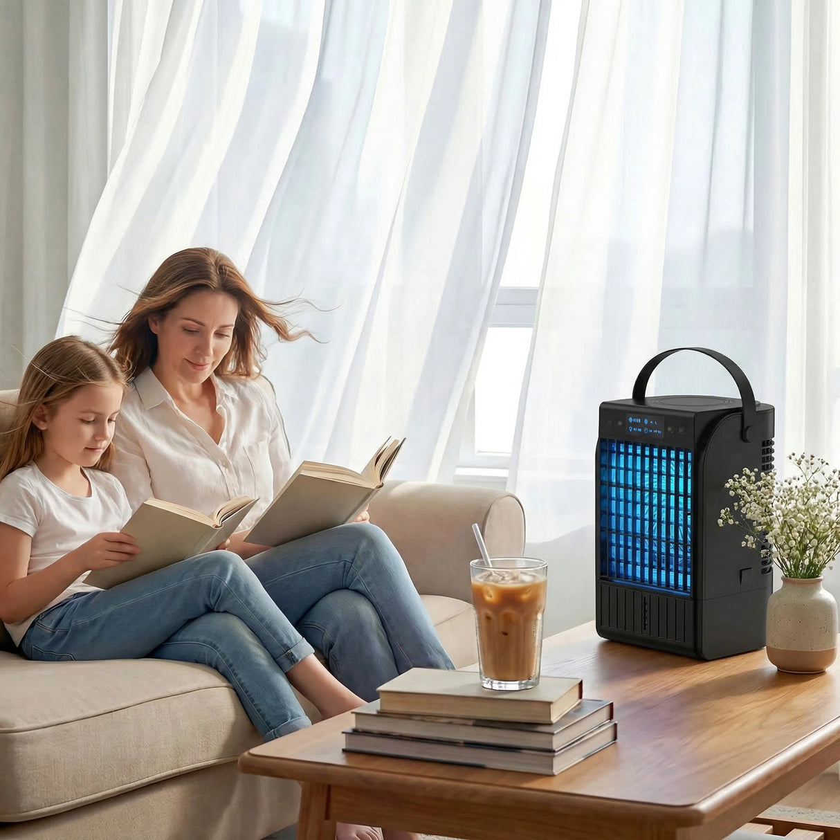 HOMCOM Portable Air Conditioner, 4-in-1 Mini Air Cooler with 4 Wind Speed, 2 Cool Mist, RGB 7 LED Light, Black