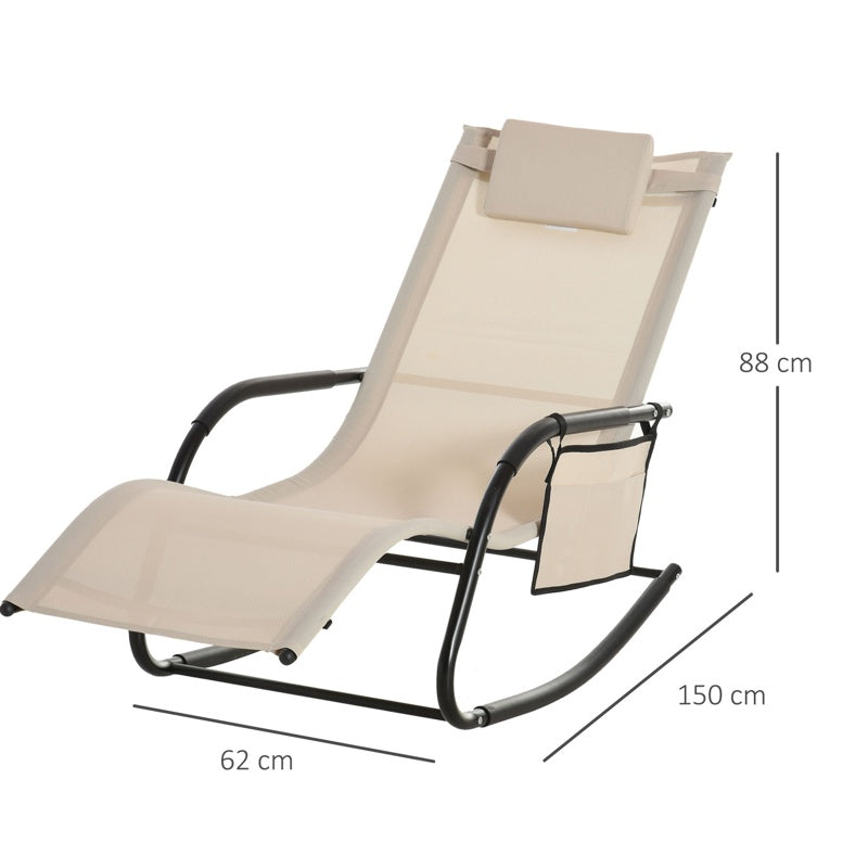 Outsunny Outdoor Garden Rocking Chair, Patio Sun Lounger Rocker Chair with Breathable Mesh Fabric, Removable Headrest Pillow, Armrest, Side Storage Bag, Cream White