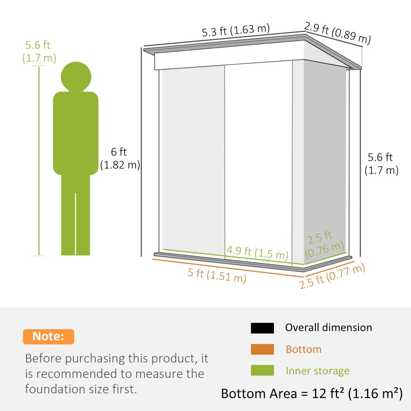 Outsunny 5 x 3ft Garden Storage Shed with Sliding Door and Sloped Roof Outdoor Equipment Tool, Green