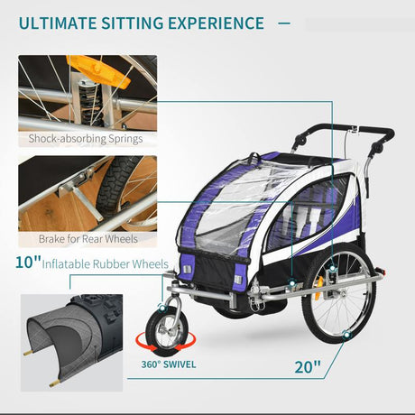 HOMCOM Child Bike Trailer Baby Bicycle Trailer 360° Rotatable for 2 Kids with Steel Frame LED Hitch Coupler Purple