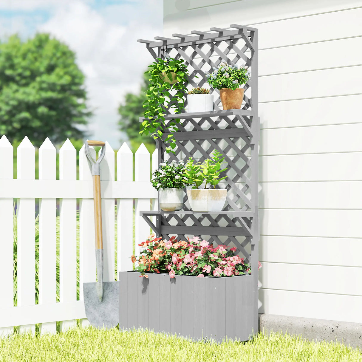 Outsunny 52L Wooden Planter, with Trellis and Shelves - Grey