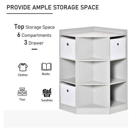 HOMCOM Kids Bookcase, 3 Tier Toy Organiser Storage Unit BookShelf with 3 Non-woven Fabric Drawers, Anti-tip Device, for Bedroom, Children's Room, Playroom, Grey