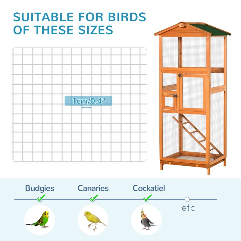 PawHut Wooden Bird Cage Budgie Cage for Canary Parakeet Aviary with Removable Tray,Asphalt Roof for Outdoor Indoor