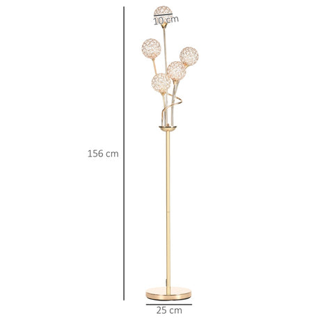 HOMCOM Crystal Floor Lamps for Living Room Bedroom with 5 Light, Modern Upright Standing Lamp, 34x25x156cm, Gold Tone